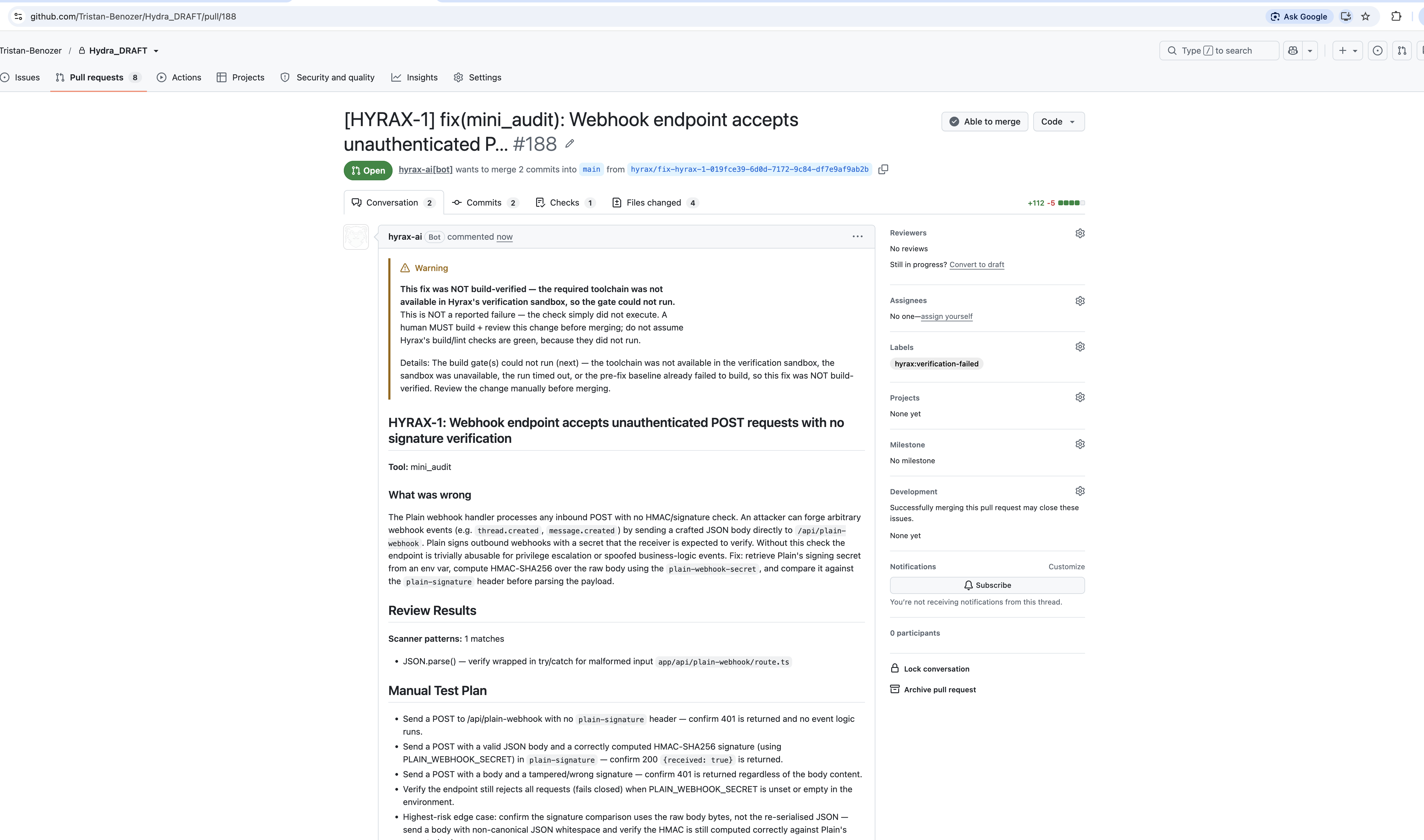 GitHub pull request created by hyrax-ai bot with fix details and manual test plan