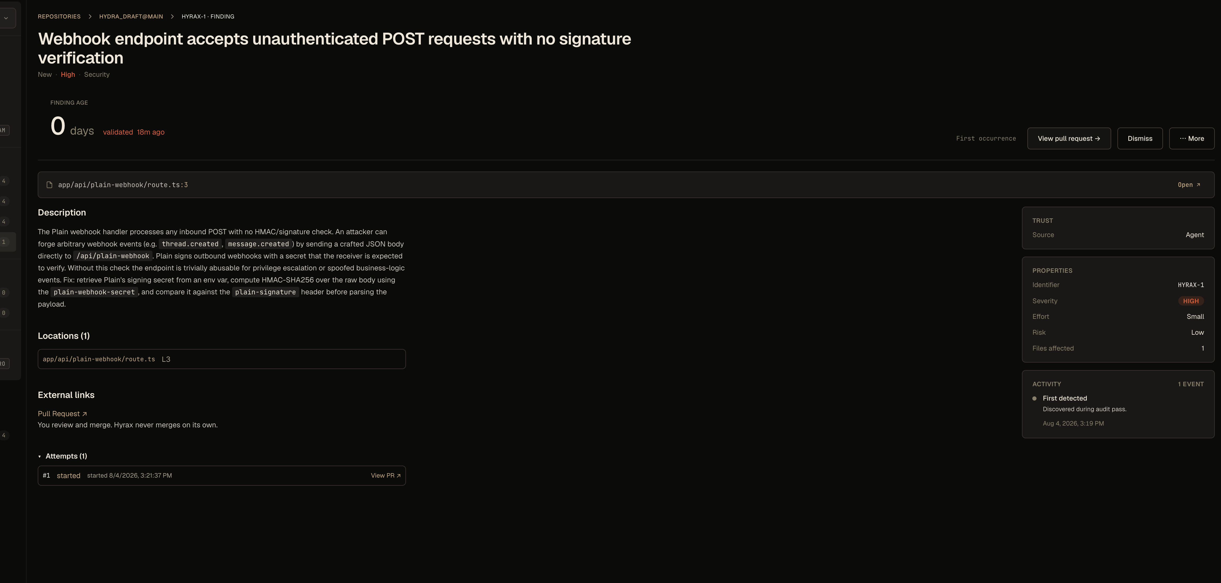Finding detail page for HYRAX-1 webhook signature verification issue